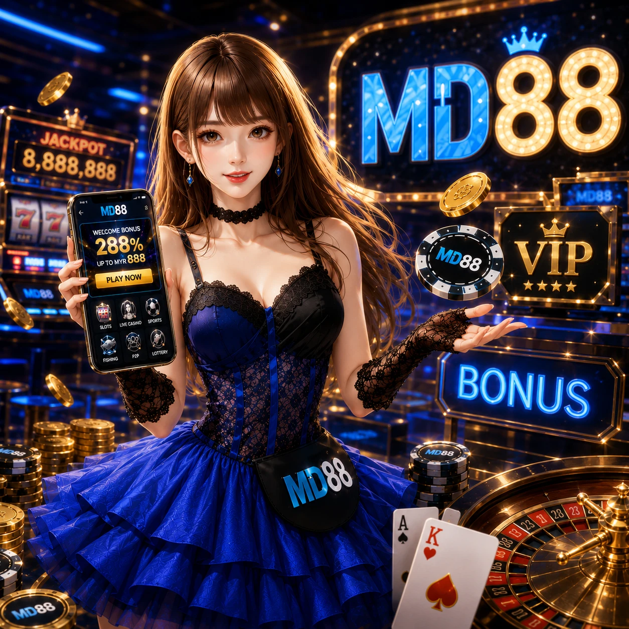 Landscape | Description: Live casino dealer at a baccarat table under professional studio lighting, viewed from a player's perspective on a mobile screen