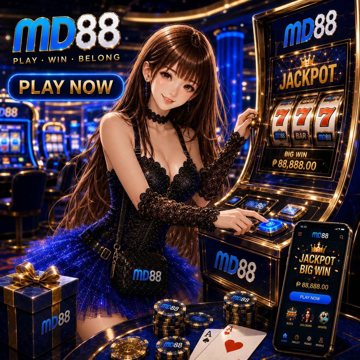MD88 mobile app displayed on a smartphone screen showing the game lobby interface with slots and live casino options on a dark background